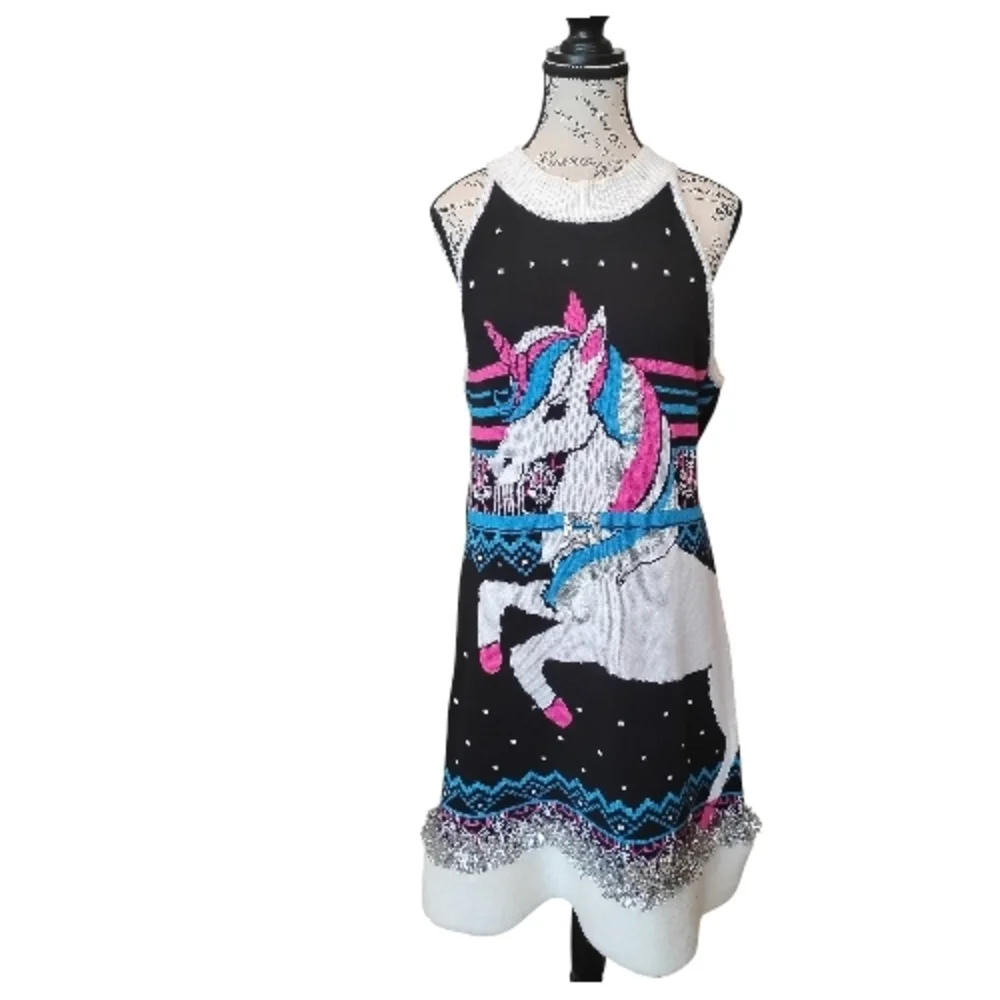 Festive Sweater Ugly Holliday Mini Dress Black Sparkle Sz XXL (19) Soft Stretchy - Picture 3 of 14